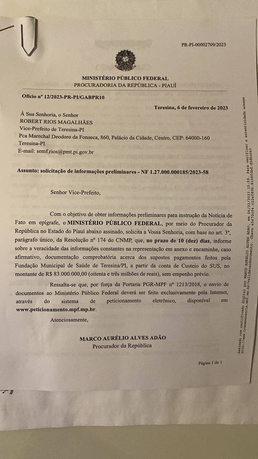 Ministério Público Federal oficializa Robert Rios a apresentar provas de denúncias contra FMS